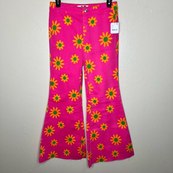 Free People Youthquake Flare Jeans 27 Pink Daisy Hippie Retro Cropped Floral New - Picture 2 of 12